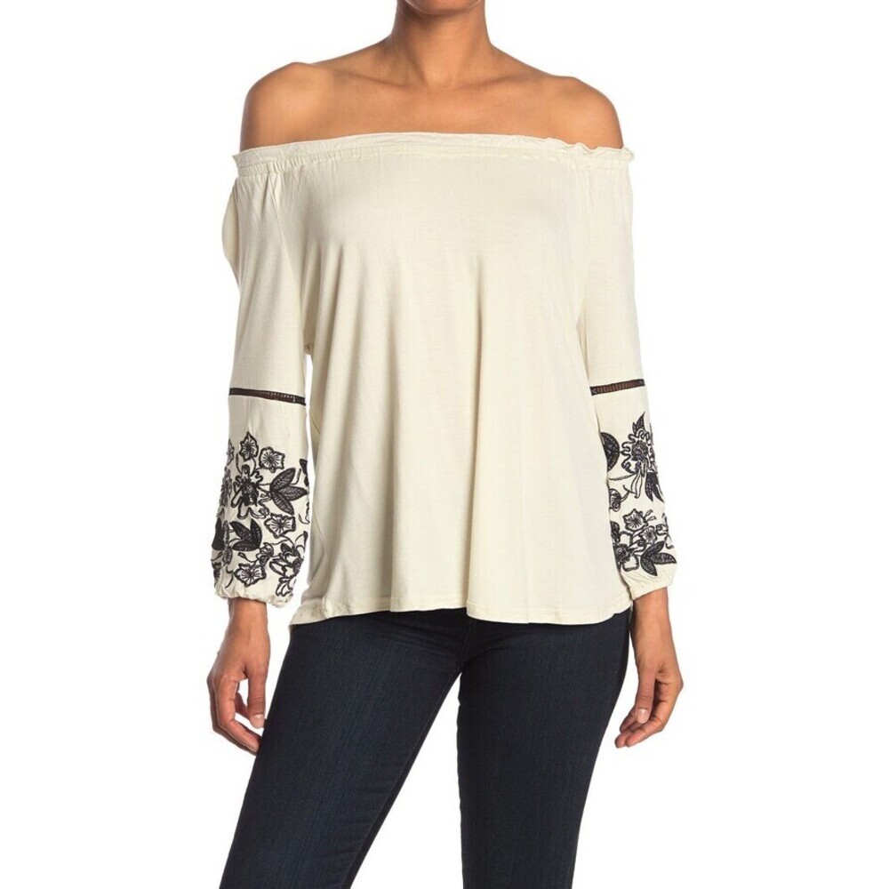 LIV Los Angeles Embroidered Off-the-shoulder Peasant Blouse In White size M
